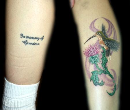 Angela Leaf - color realistic hummingbird coverup tattoo
